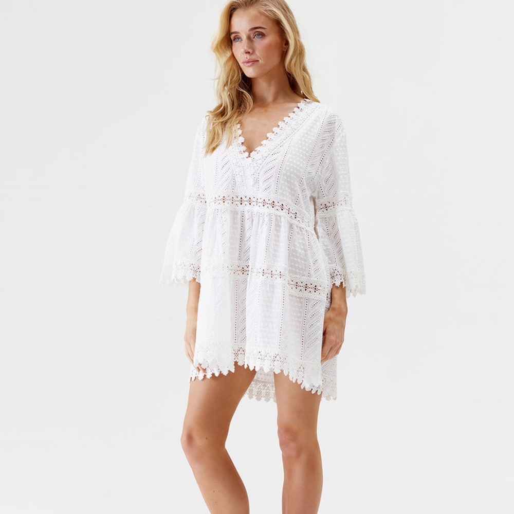 Melissa Odabash Victoria White Crochet Knit Embroidered Kaftan Mini Dress
